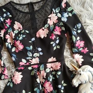 Floral Sheer Polka Dot Scallop A-Line Black Dress